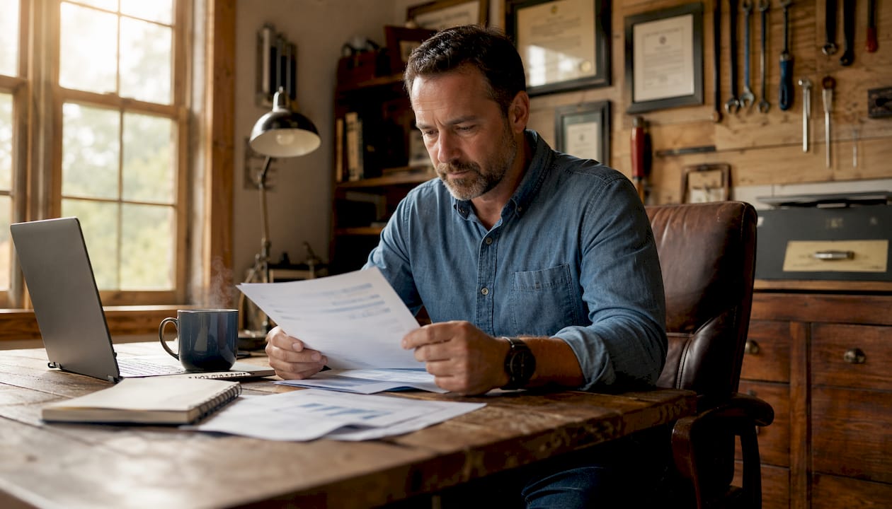 HVAC trade owner reviewing printed financial reports