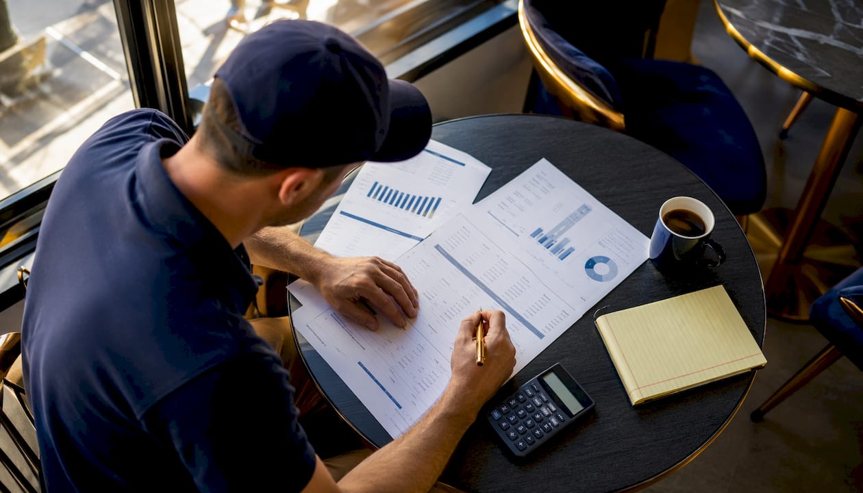 Hands analyzing plumbing business cash flow documents