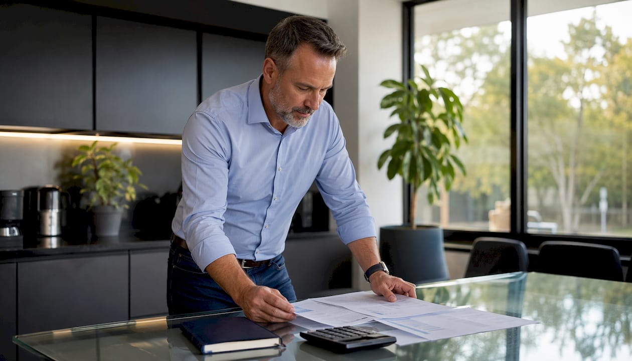 HVAC owner reviewing financial documents at desk
