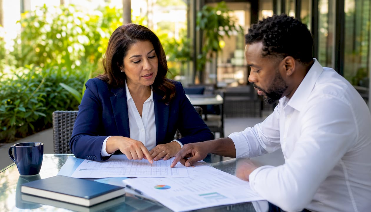 Two business owners discussing chart of accounts