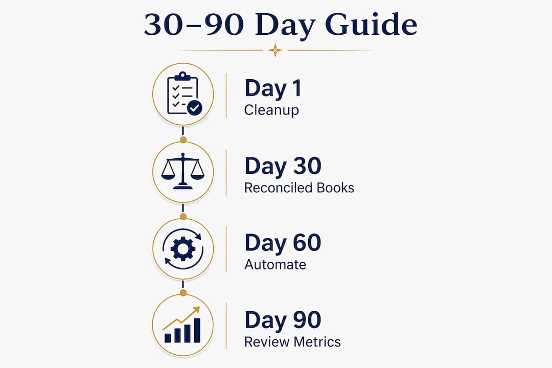 Infographic showing 30 to 90 day financial clarity steps
