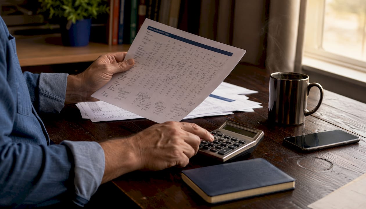 Hands calculating cash flow in trucking office