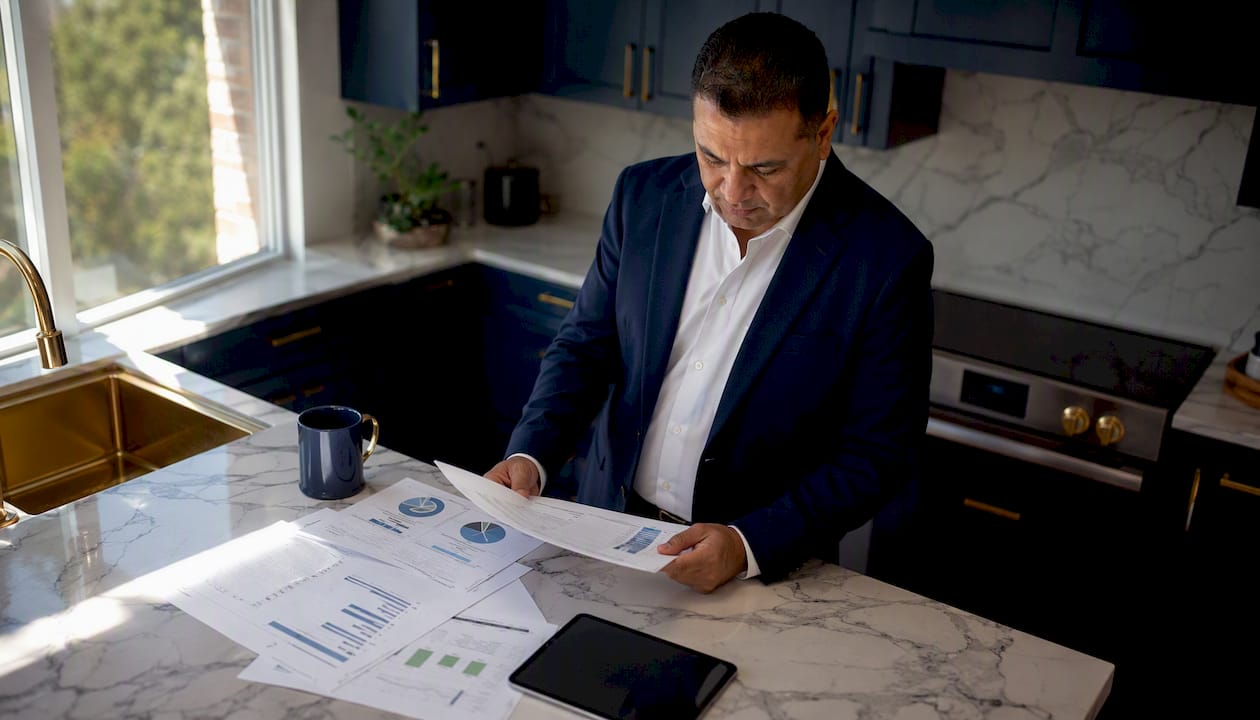 Home service business owner reviewing finances