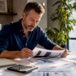 HVAC owner reviewing financial reports in office