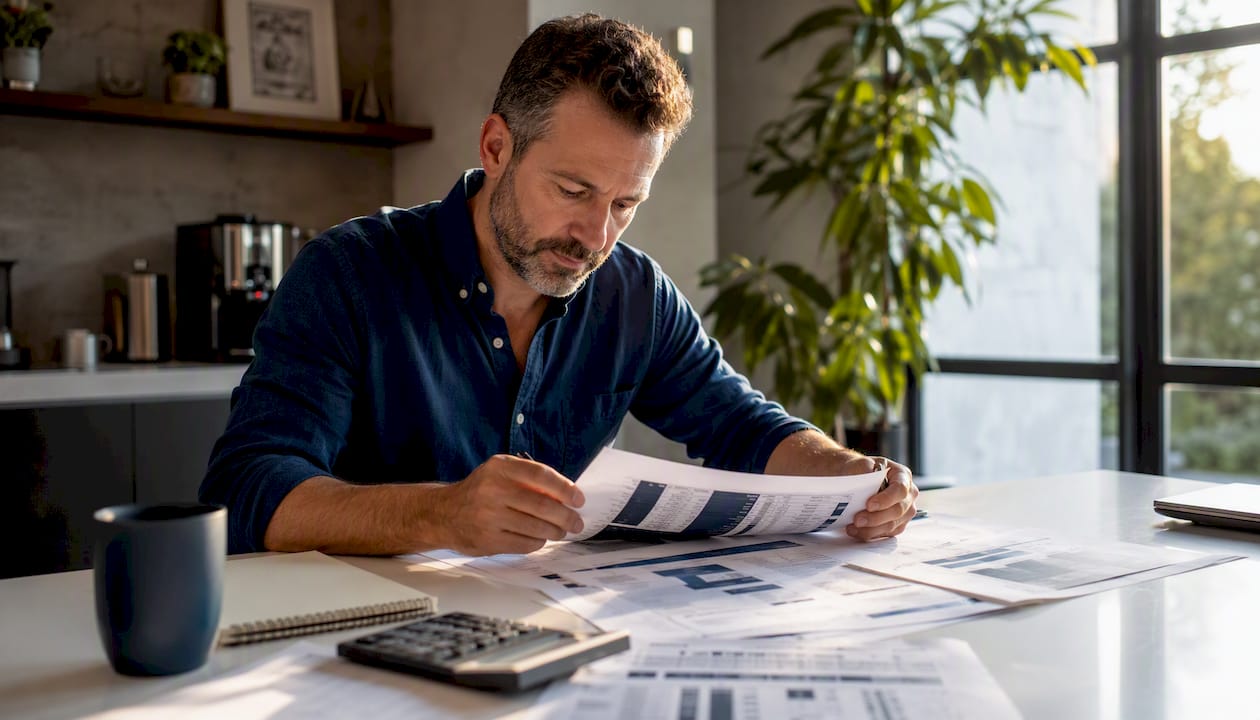 HVAC owner reviewing financial reports in office