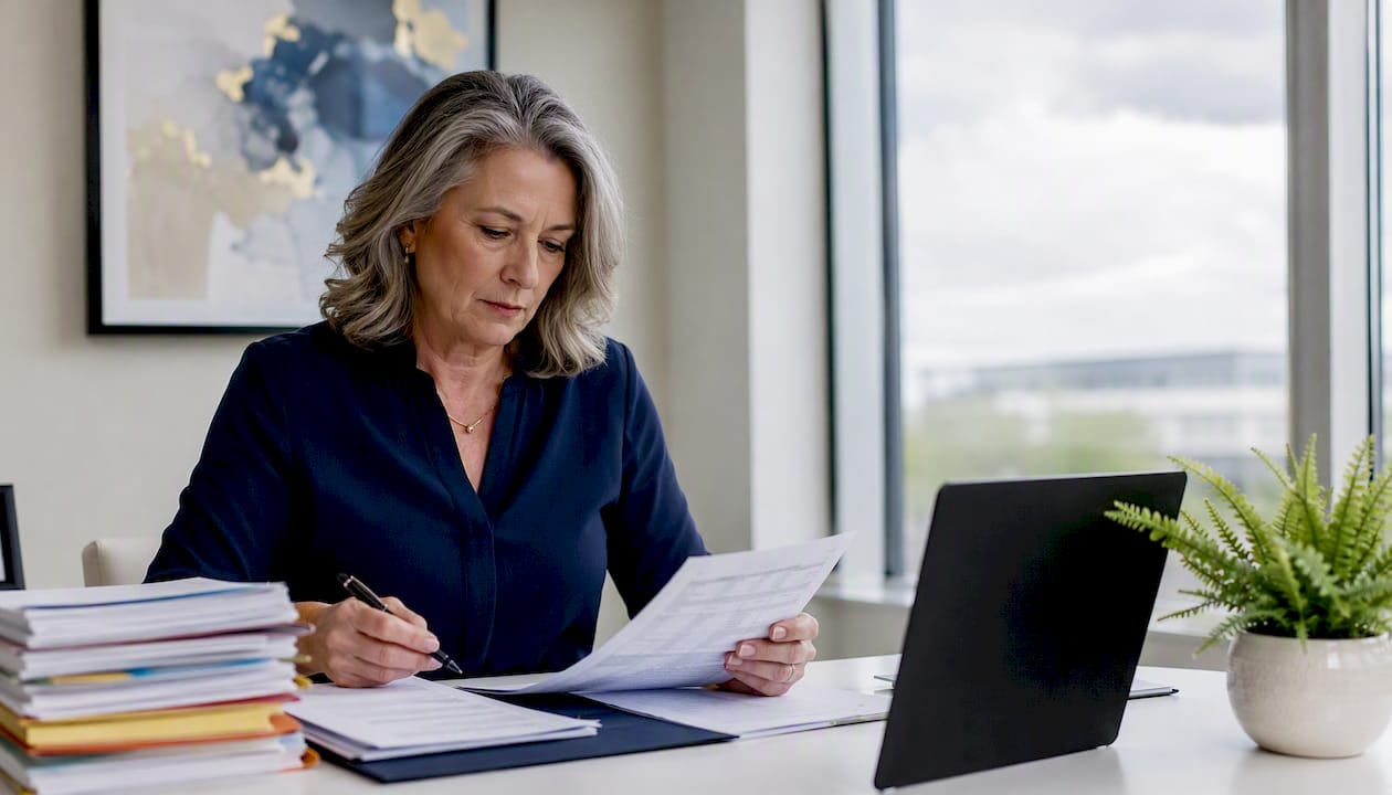 Bookkeeper analyzing job costing reports in meeting room