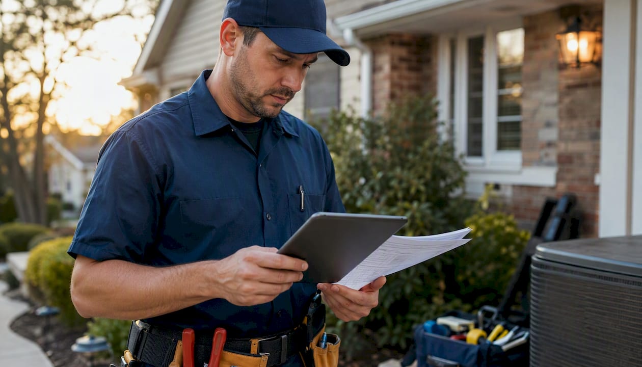 HVAC technician reviewing pricing details on site