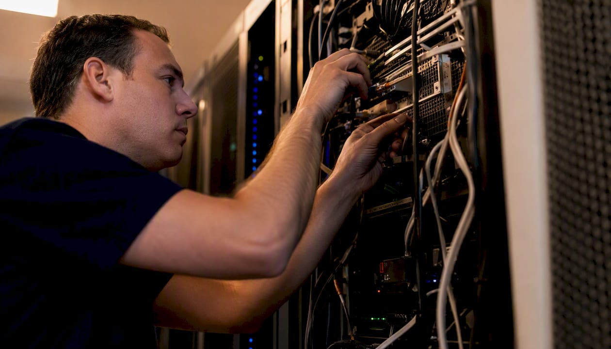 Hands inspecting payroll system server panel