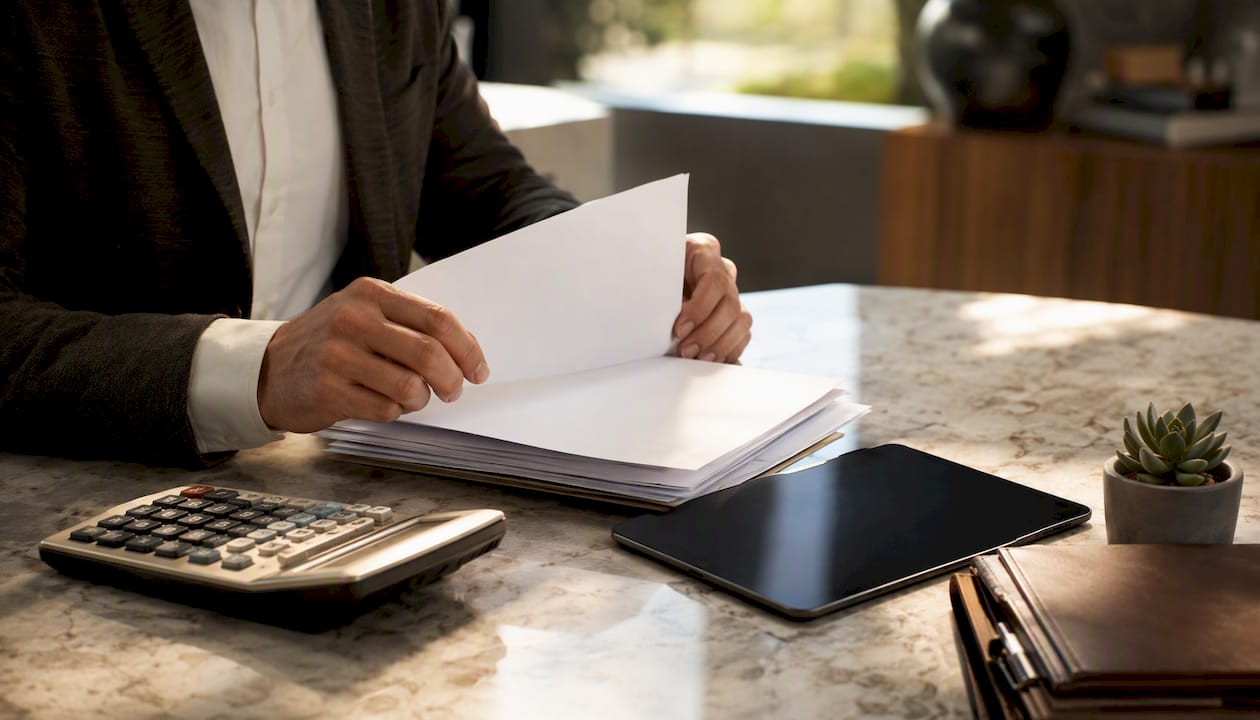 Consultant hands arranging financial summaries