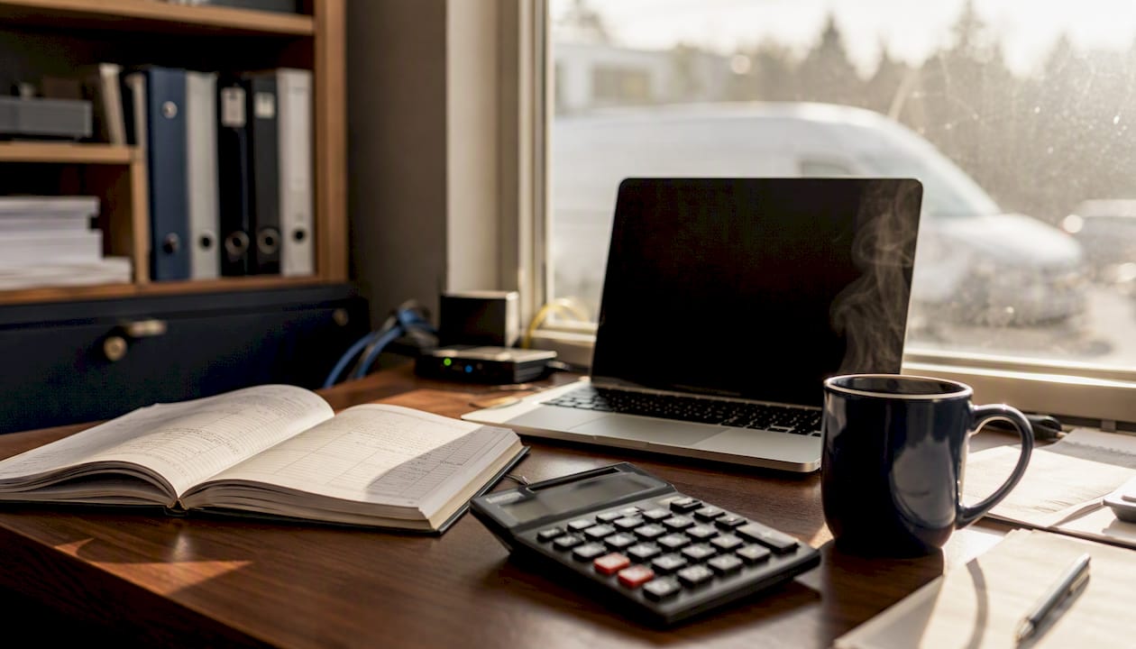 Desk with calculator, ledger, and laptop in office