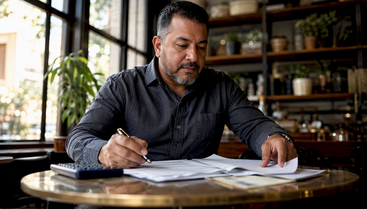 Hands arranging financial reports on table