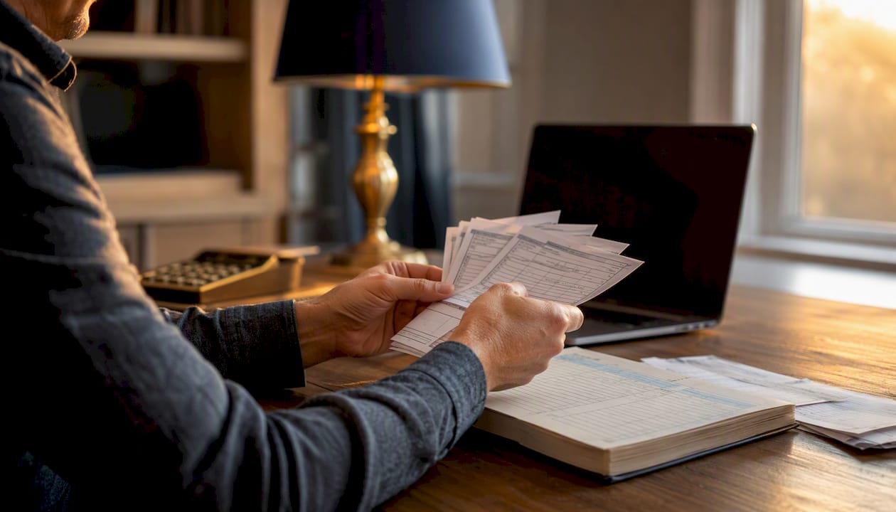 Hands organizing deposit slips and ledger book