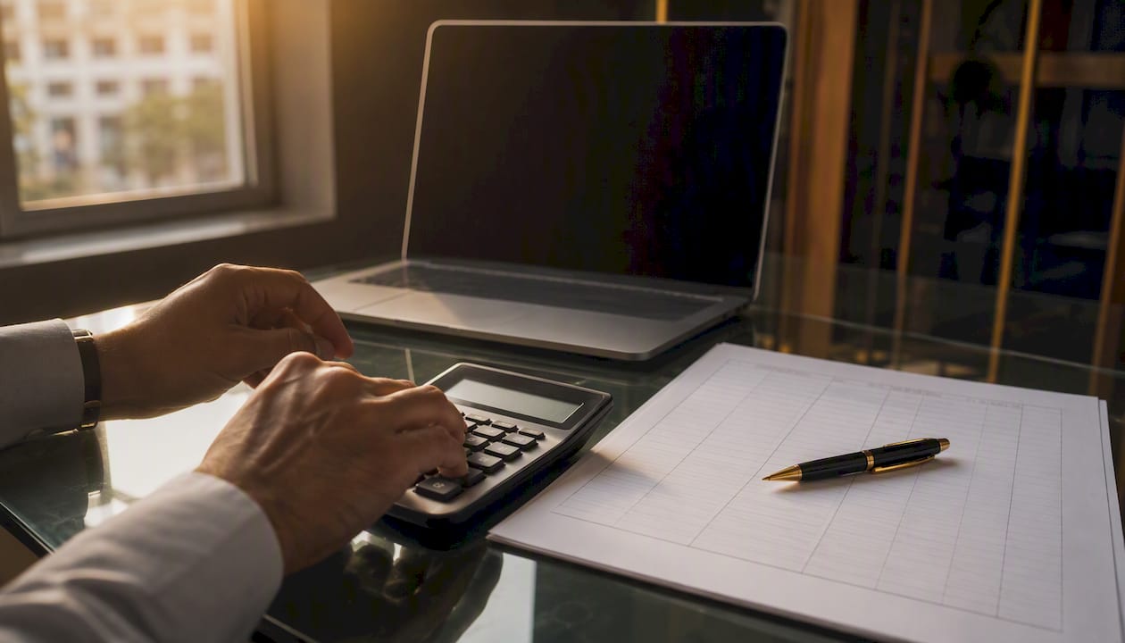 Hands calculating during bank reconciliation