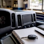 Service vehicle dashboard and logbook close-up
