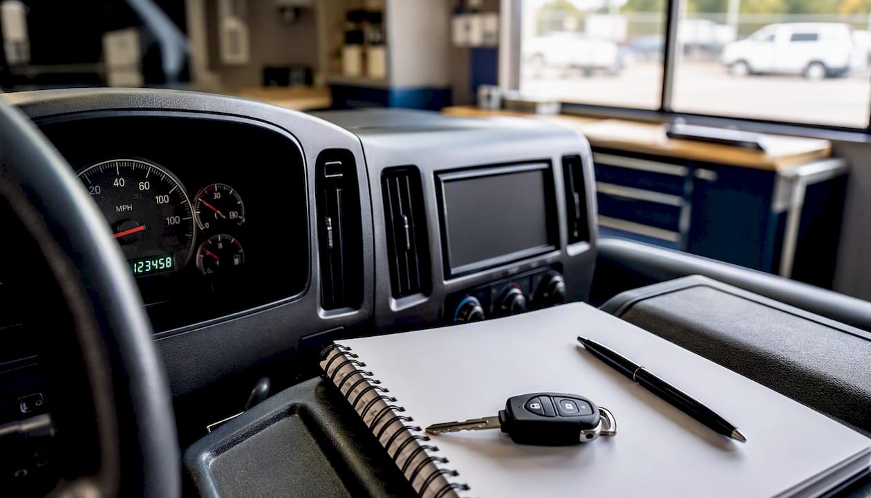 Service vehicle dashboard and logbook close-up