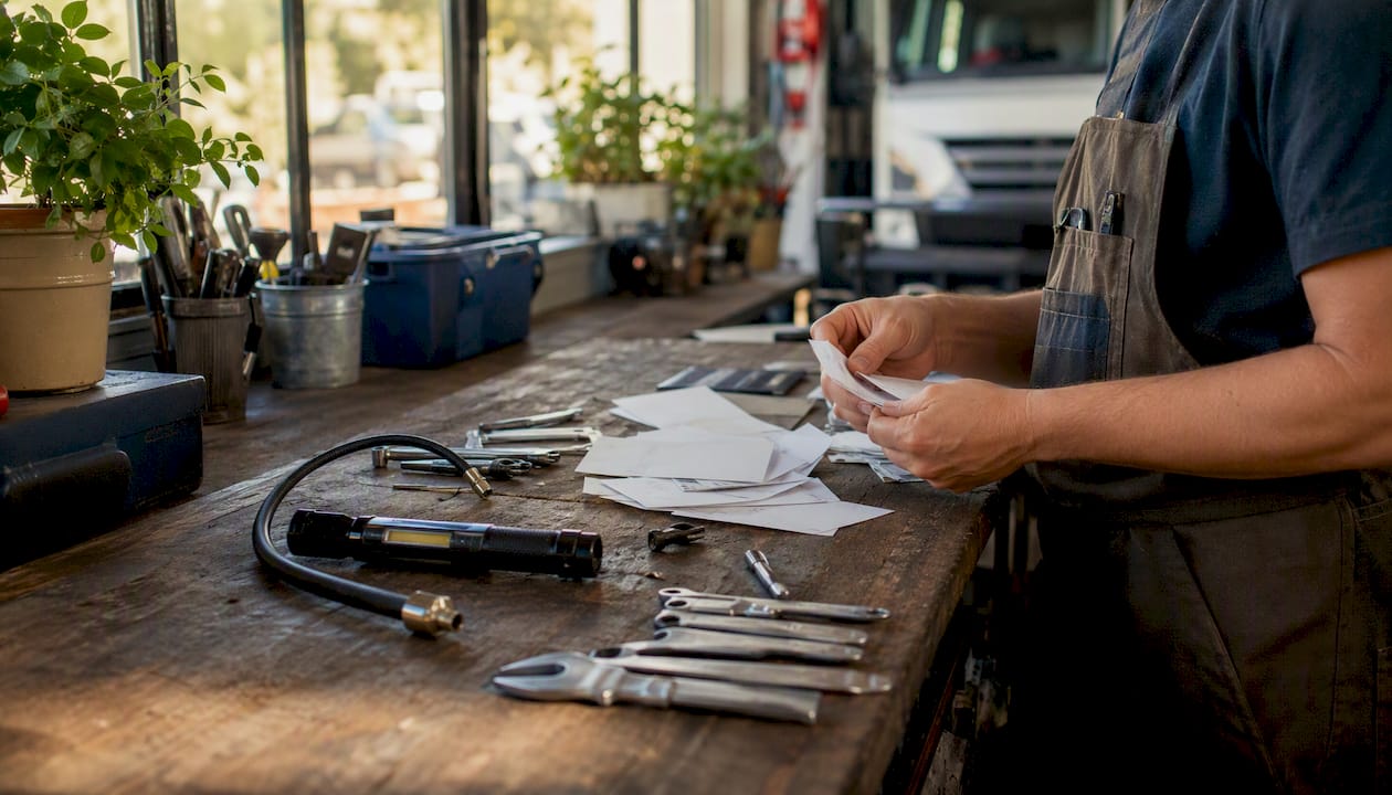 Hands organizing truck maintenance tools and receipts