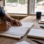 Hands managing contractor project ledger