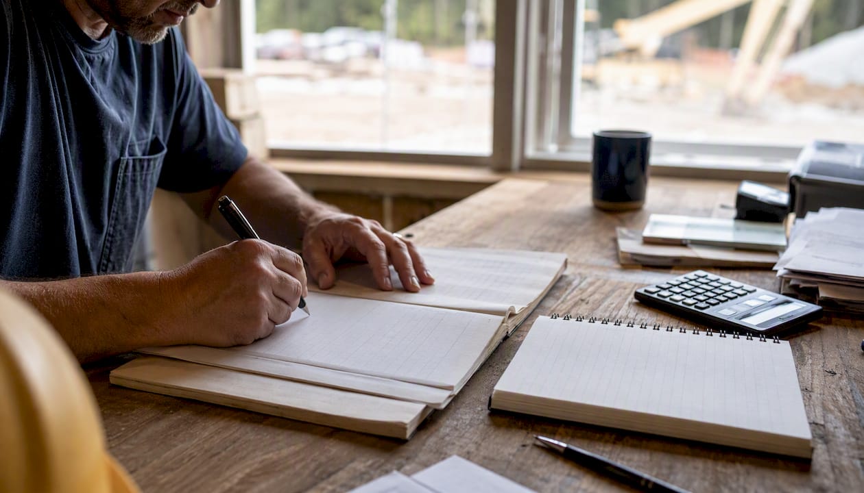 Hands managing contractor project ledger