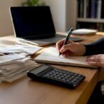 Hands coding meal expenses in ledger
