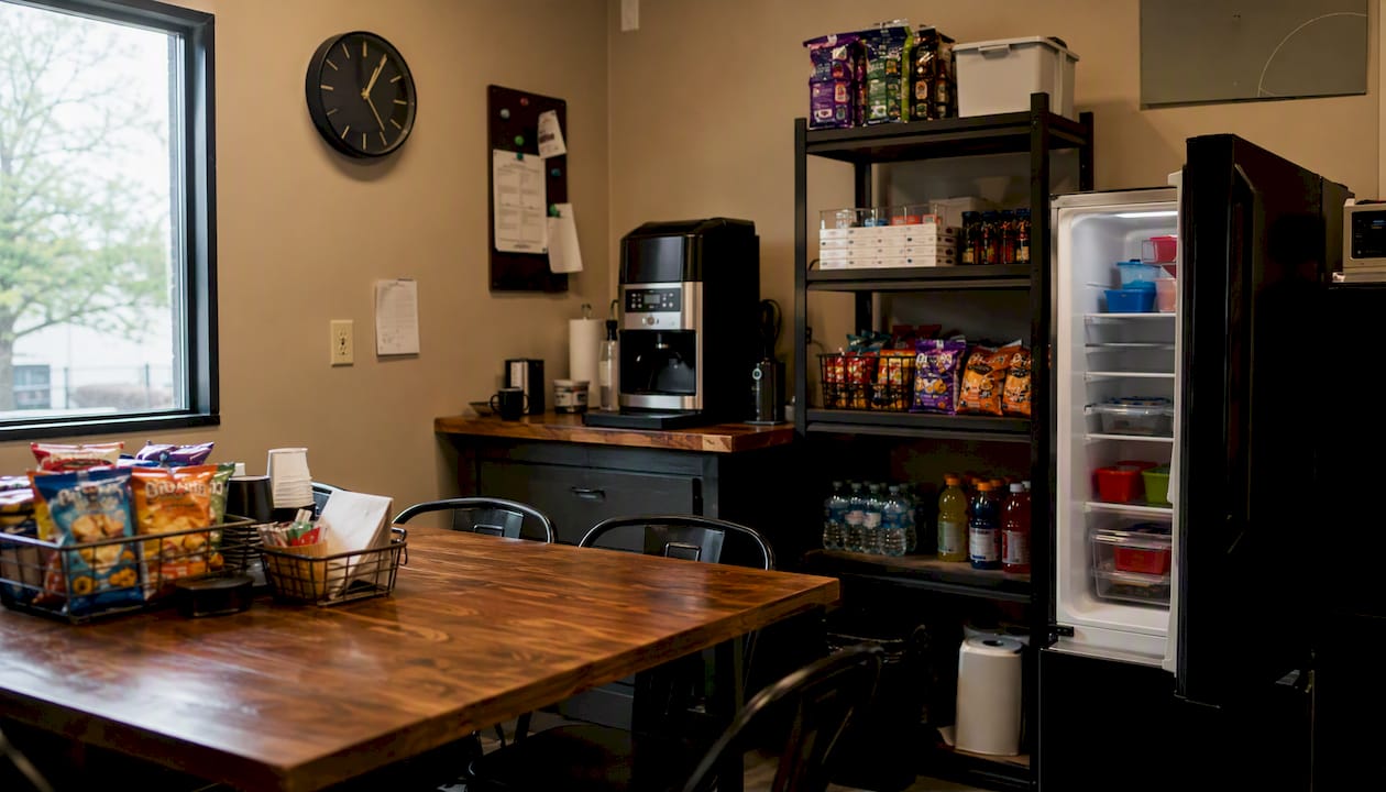 Trucking dispatch break room with stocked food