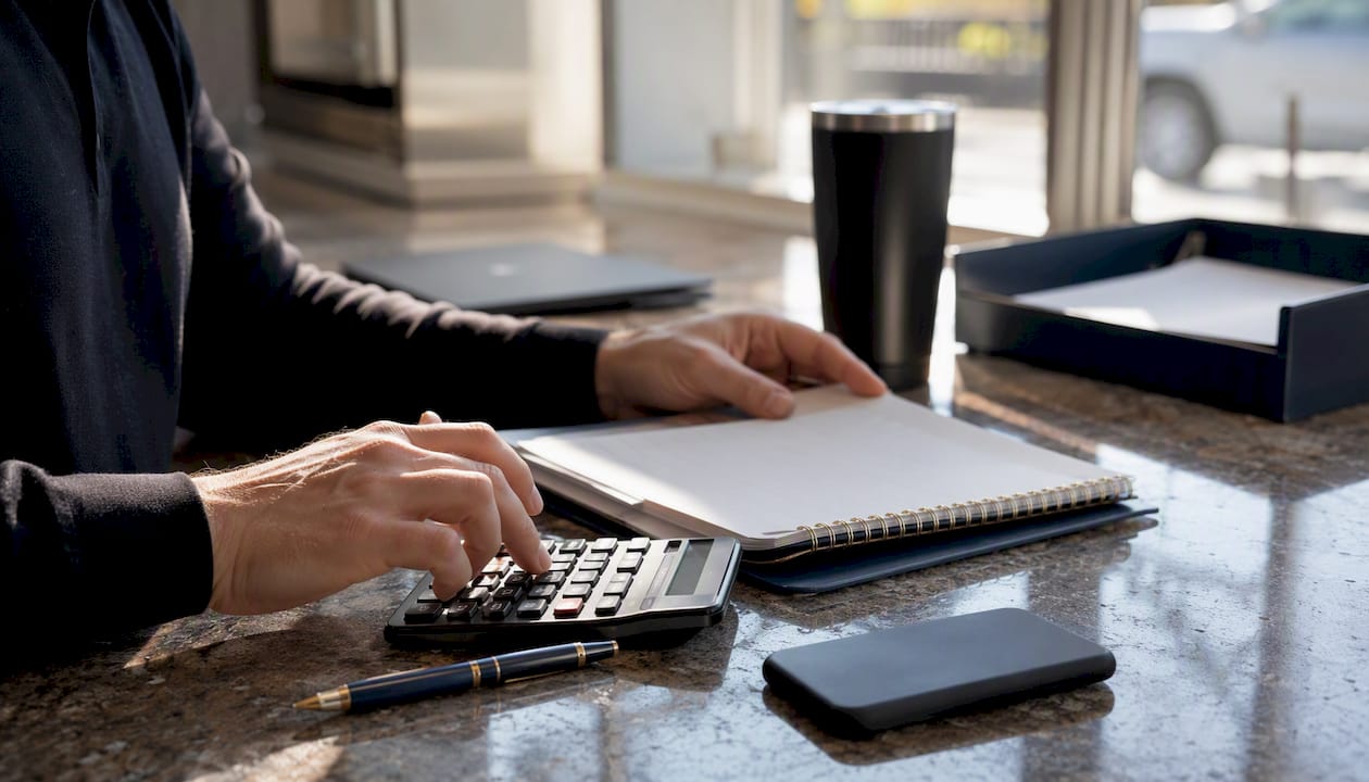 Hands calculating and arranging bookkeeping documents