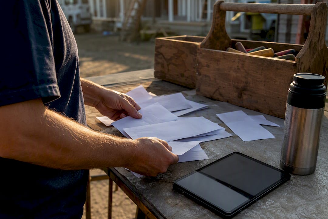 Contractor sorting receipts for cash flow