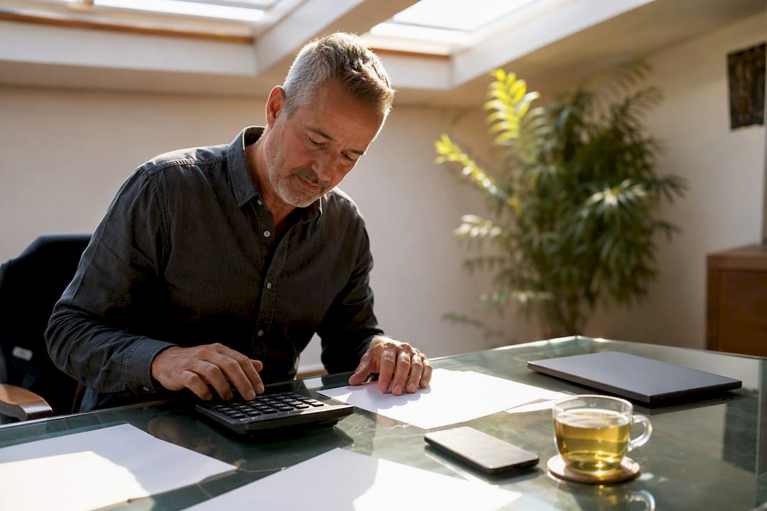 Business owner calculating finances at desk