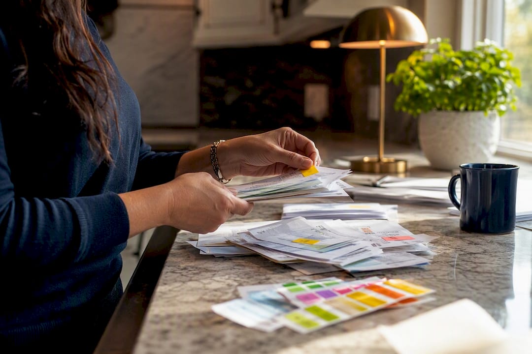 Hands tagging invoices and receipts by job