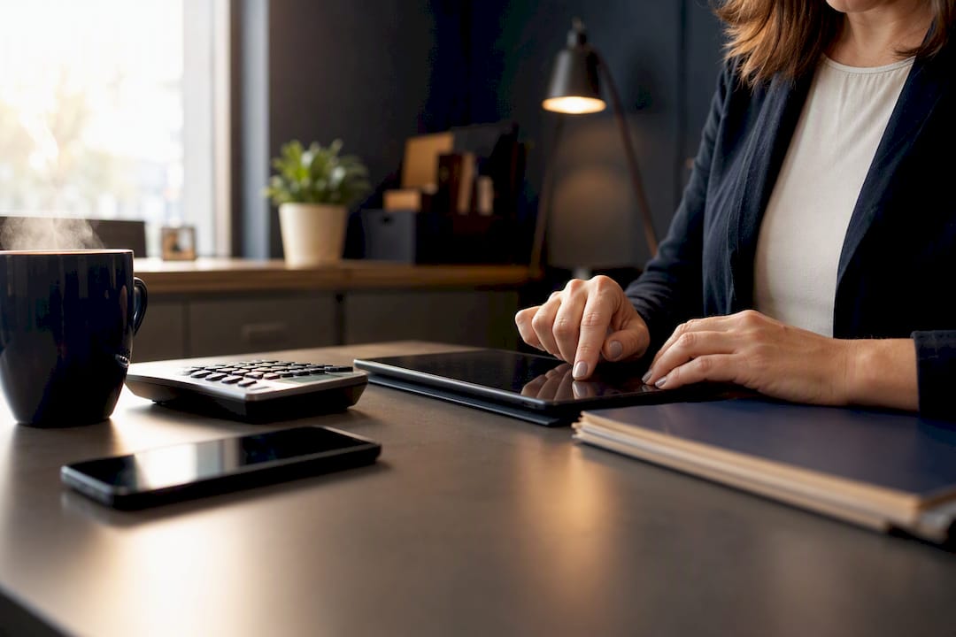 Hands entering bookkeeping data on tablet