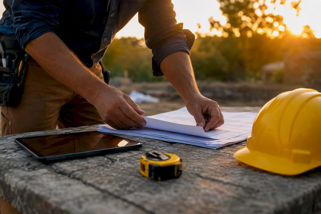 Hands arranging job costing documents and tools