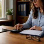 Hands entering bookkeeping data on calculator