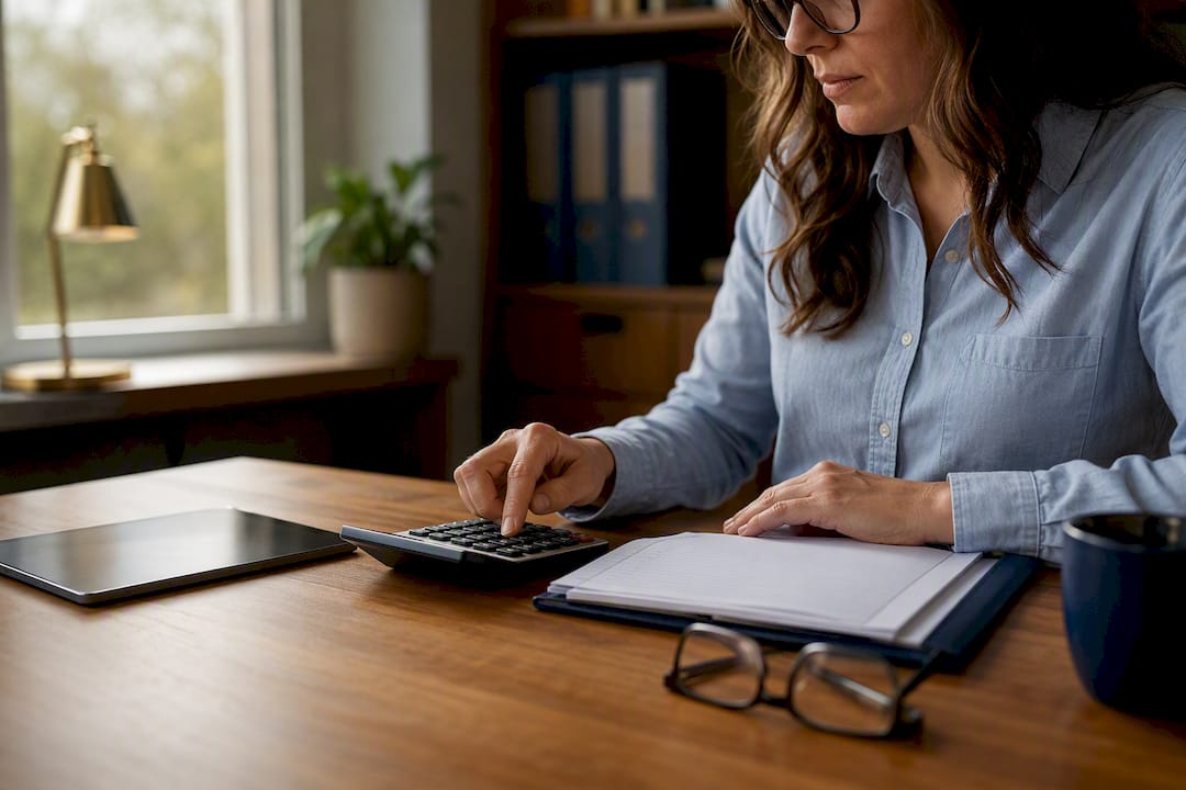 Hands entering bookkeeping data on calculator