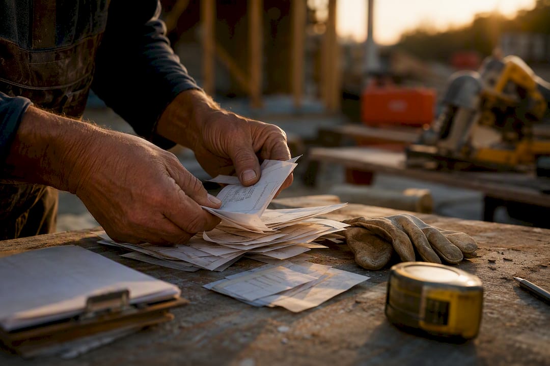 Hands organizing construction receipts on bench