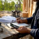 Contractor calculating job costs at desk