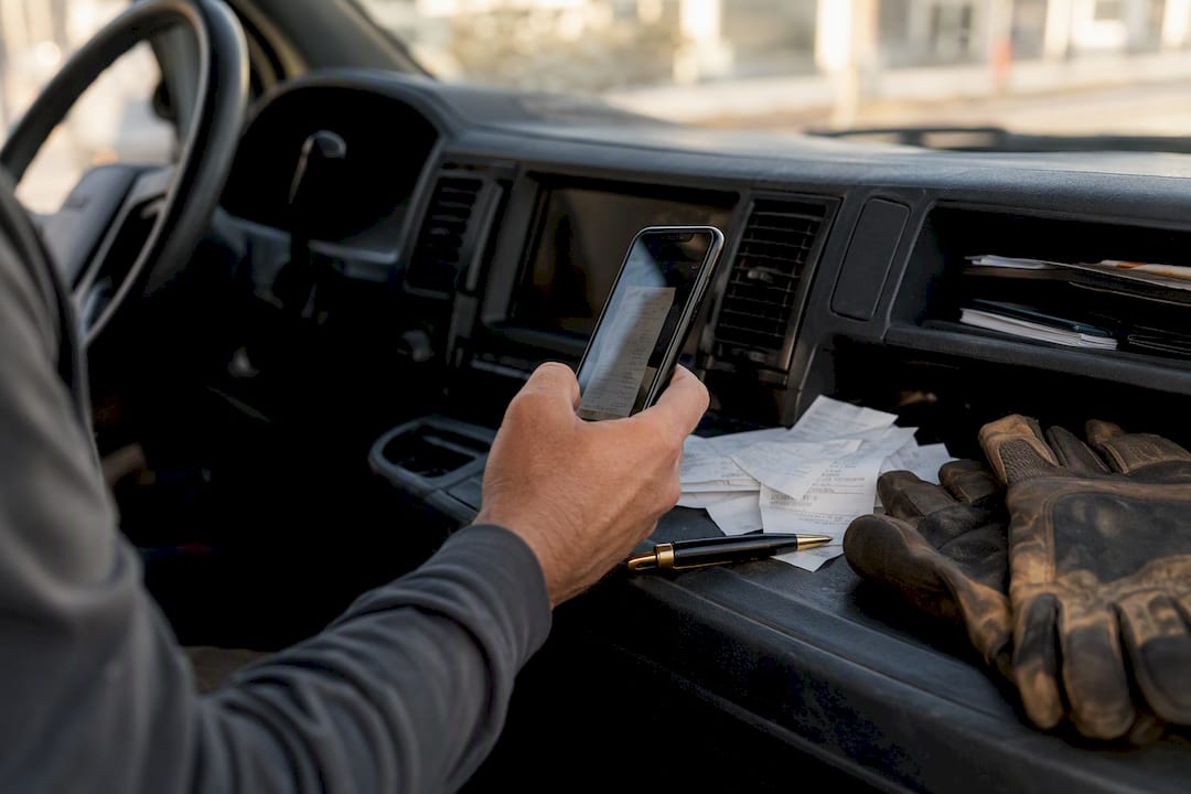 Hand scanning receipt in contractor truck