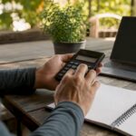 Hands calculating payroll taxes with calculator