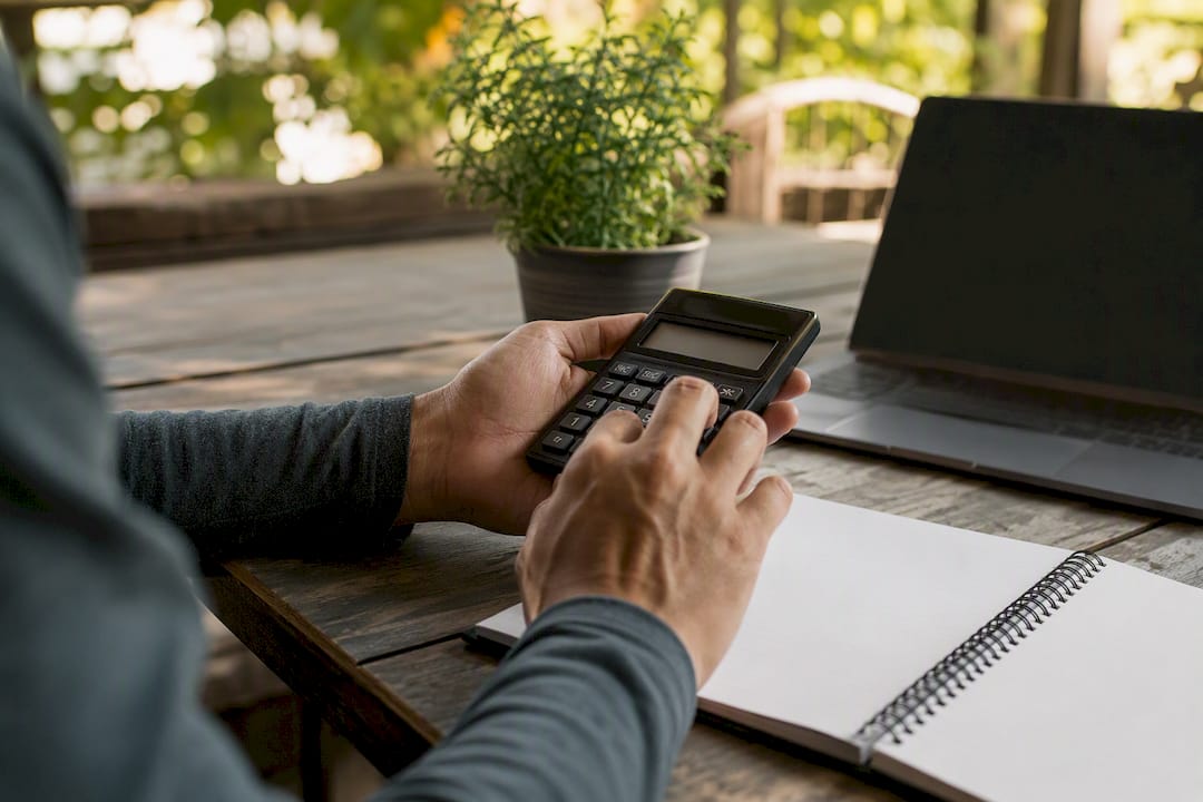 Hands calculating payroll taxes with calculator