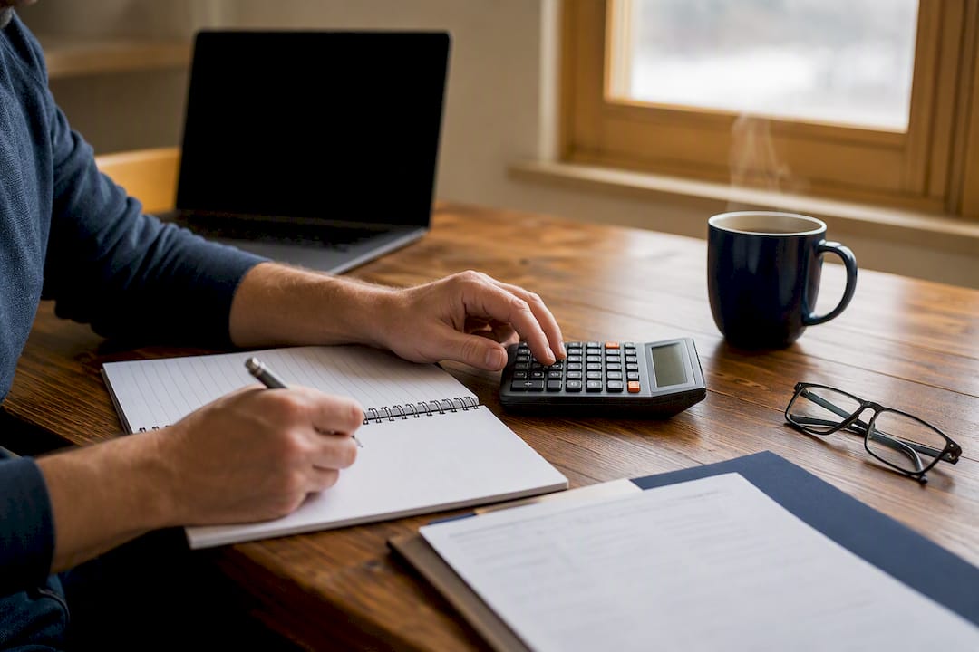 Hands reconciling payroll tax liabilities with calculator