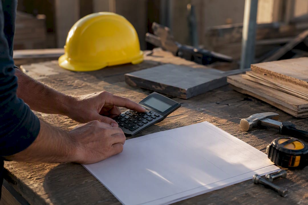 Hands calculating construction cost schedule