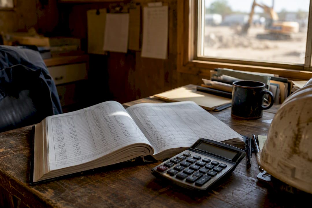 Ledger and calculator on contractor's desk
