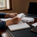 Hands matching invoice numbers on ledger