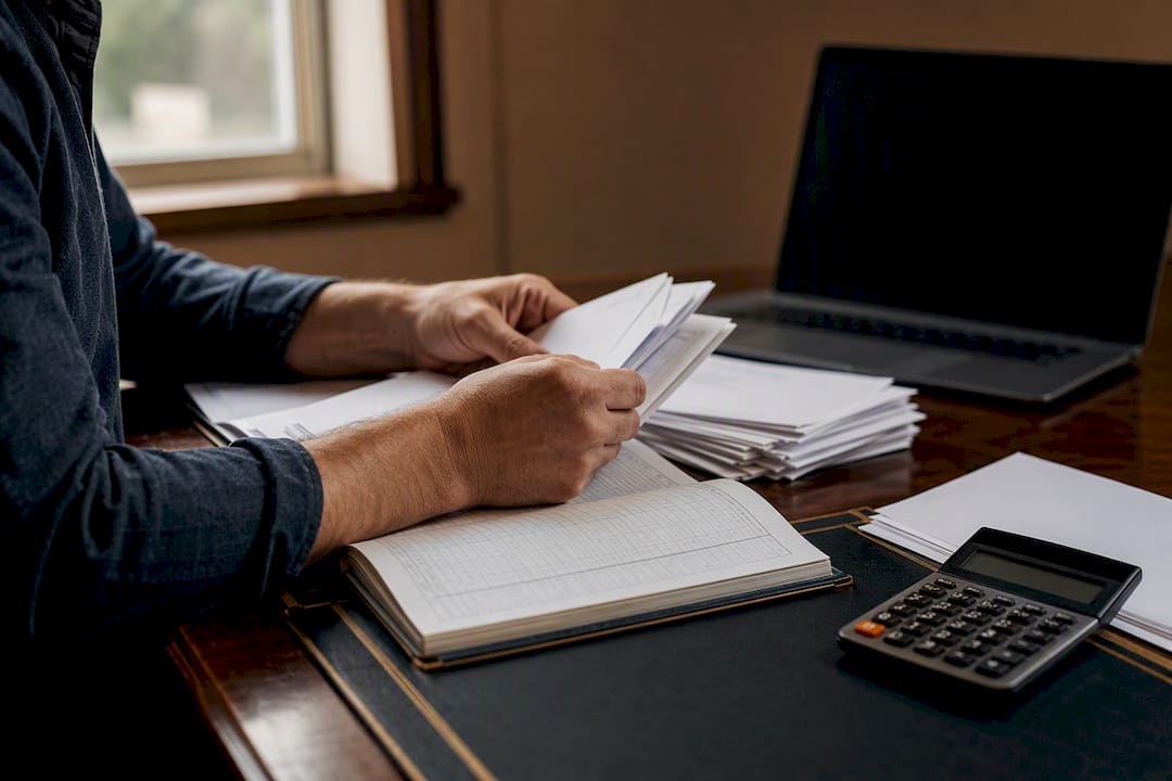Hands matching invoice numbers on ledger