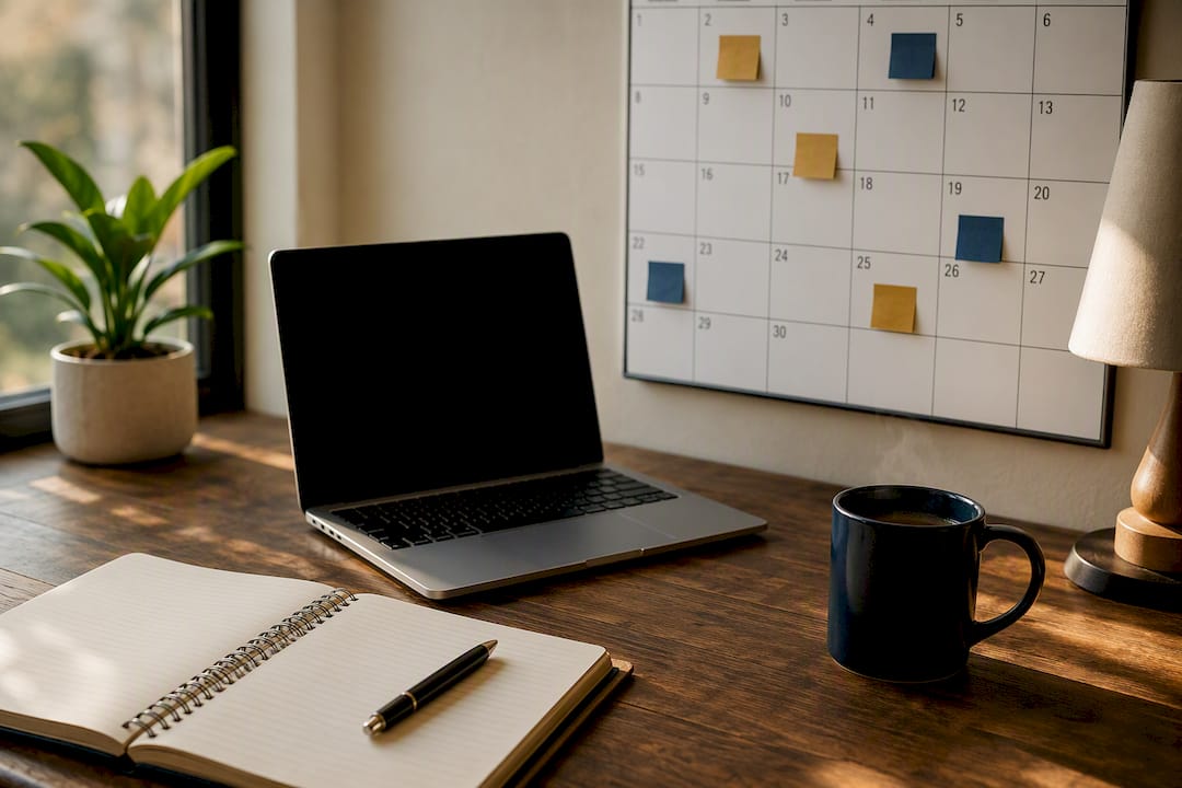Remote worker home office with calendar