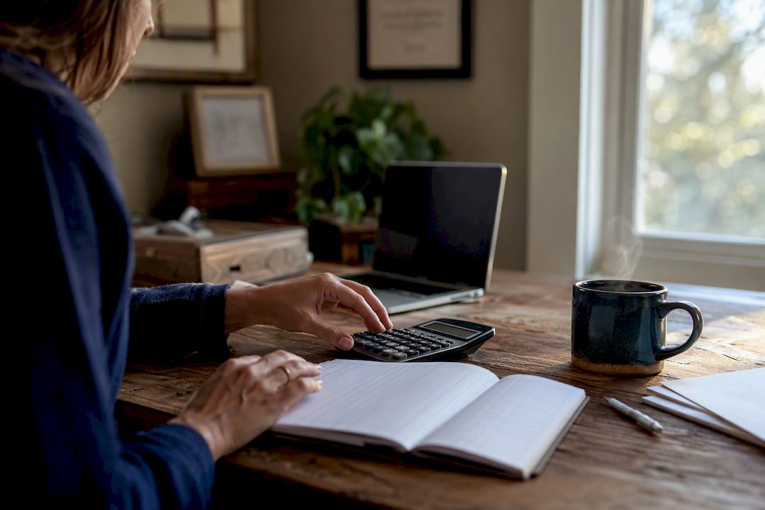 Payroll ledger and calculator on office desk