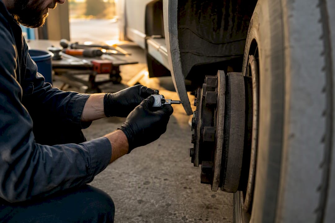 Hands inspecting truck brake wear