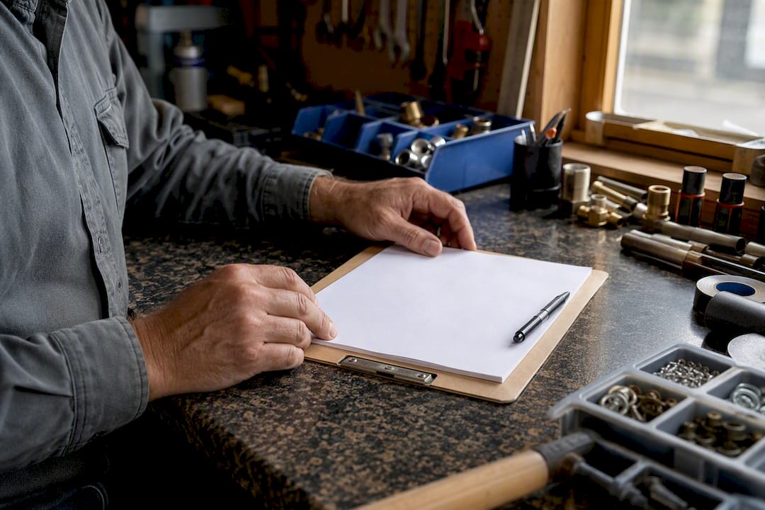 Hands separating parts and labor on invoice