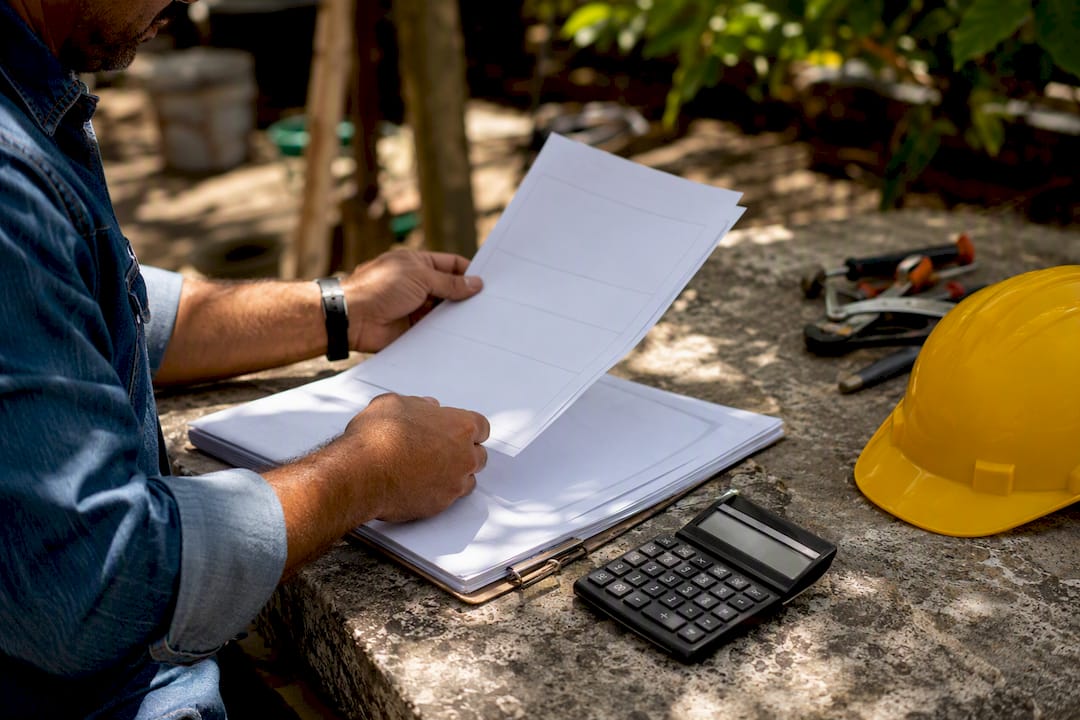 Hands organizing compliance documents and calculator