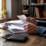 Hands handling health insurance invoices on desk