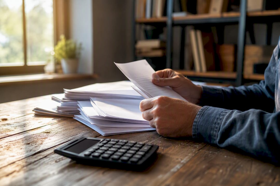 Hands handling health insurance invoices on desk