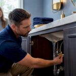 Plumber inspecting residential bathroom plumbing